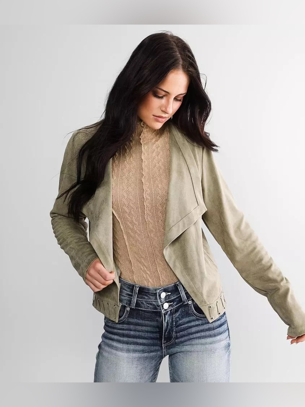 BKE Sage Green Vegan Suede Open Front Draped Pocket Jacket Grommet Detail MEDIUM